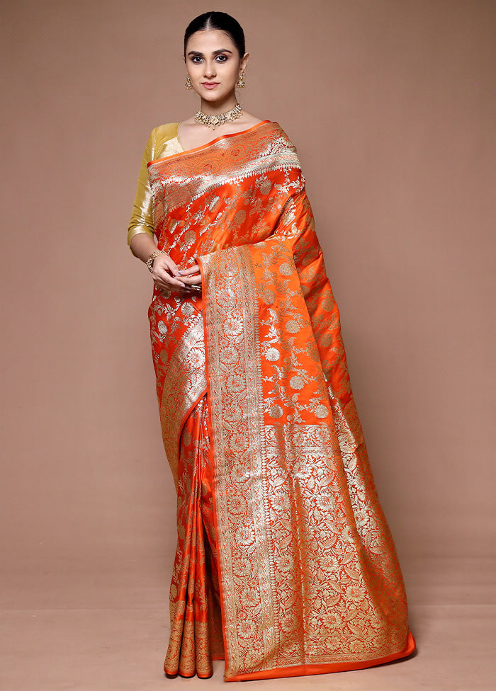 Orange Banarasi Silk Saree With Blouse Piece