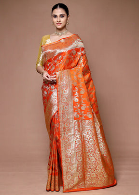 Orange Banarasi Silk Saree With Blouse Piece