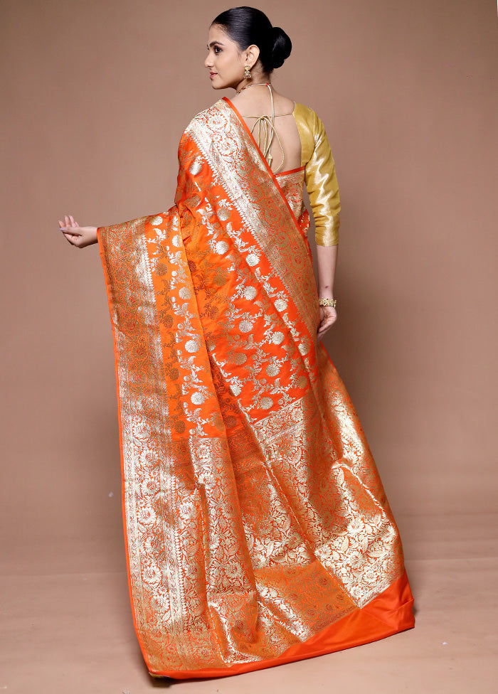 Orange Banarasi Silk Saree With Blouse Piece