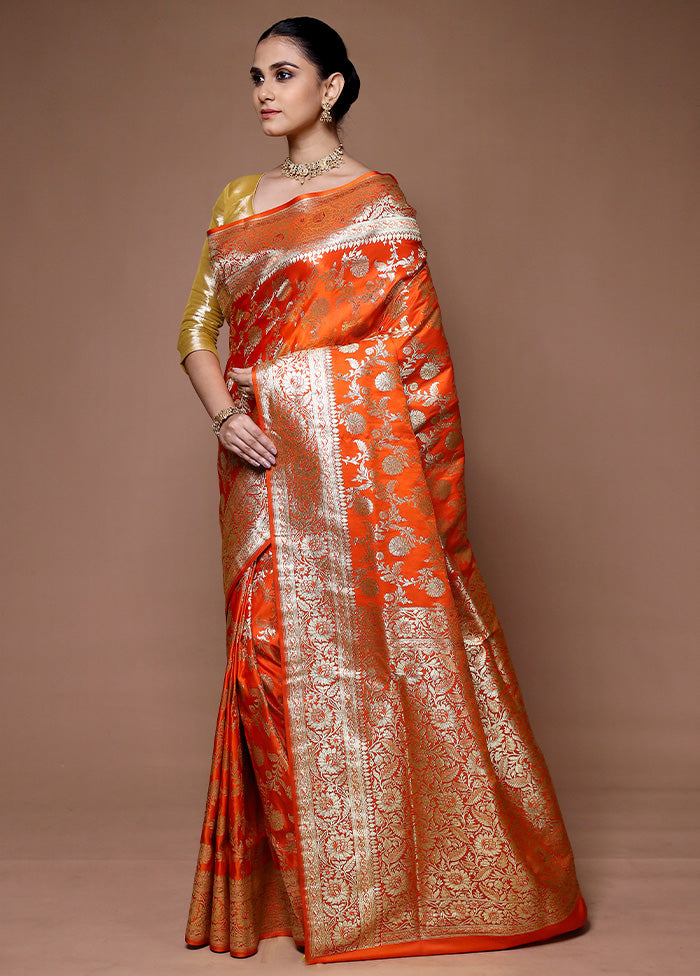 Orange Banarasi Silk Saree With Blouse Piece