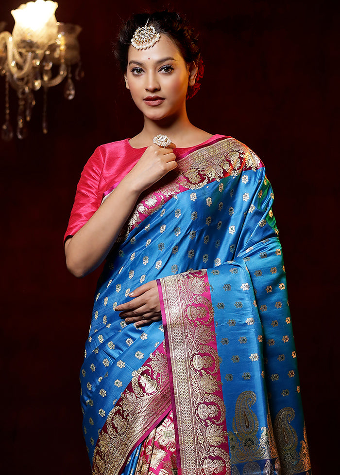 Blue Handloom Banarasi Pure Silk Saree With Blouse Piece