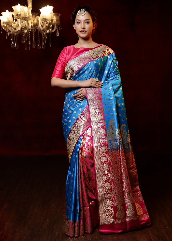 Blue Handloom Banarasi Pure Silk Saree With Blouse Piece