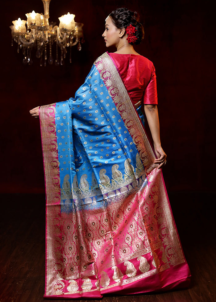 Blue Handloom Banarasi Pure Silk Saree With Blouse Piece