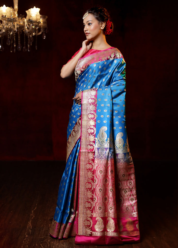 Blue Handloom Banarasi Pure Silk Saree With Blouse Piece