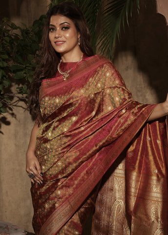 Bridal Maroon Pure Tanchoi Banarasi Saree With Blouse Piece