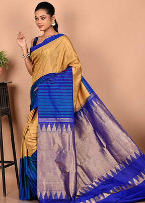 Golden Pure Kanjivaram Silk Saree With Blouse Piece - Indian Silk House Agencies