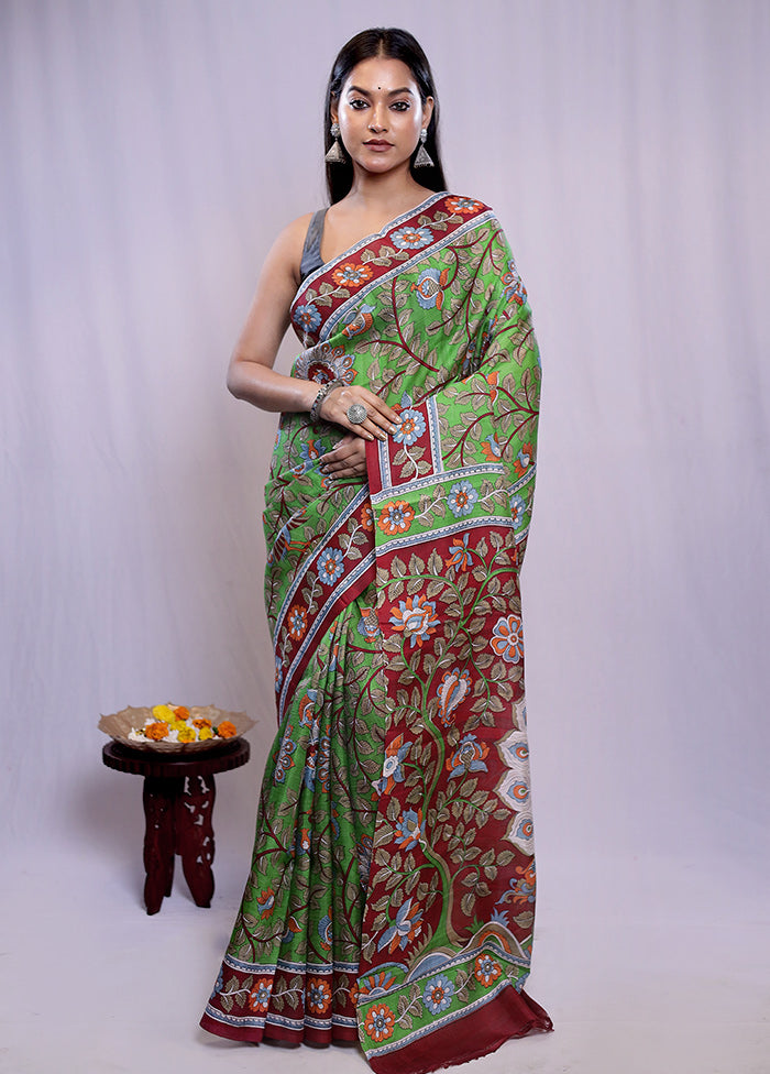 Green Printed Pure Silk Saree With Blouse Piece - Indian Silk House Agencies