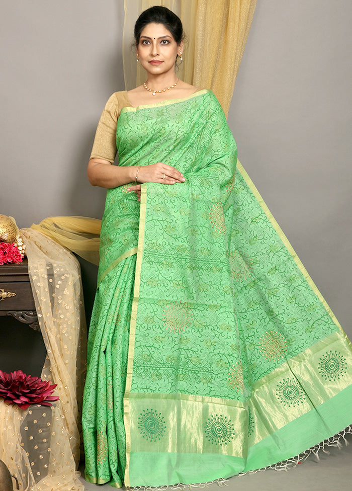 Green Tussar Pure Silk Handloom Saree With Blouse - Indian Silk House Agencies