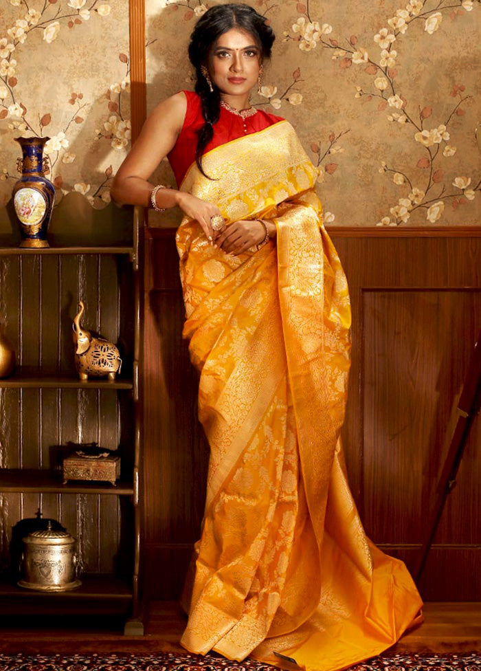 Yellow Grand Looking Katan Handloom Pure Silk Saree With Blouse - Indian Silk House Agencies