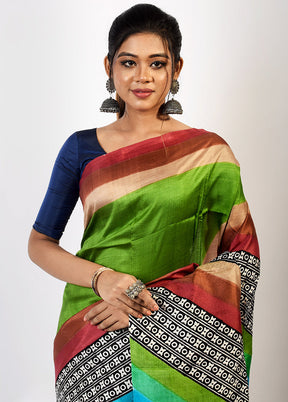 Green Pure Printed Silk Saree With Blouse Piece - Indian Silk House Agencies