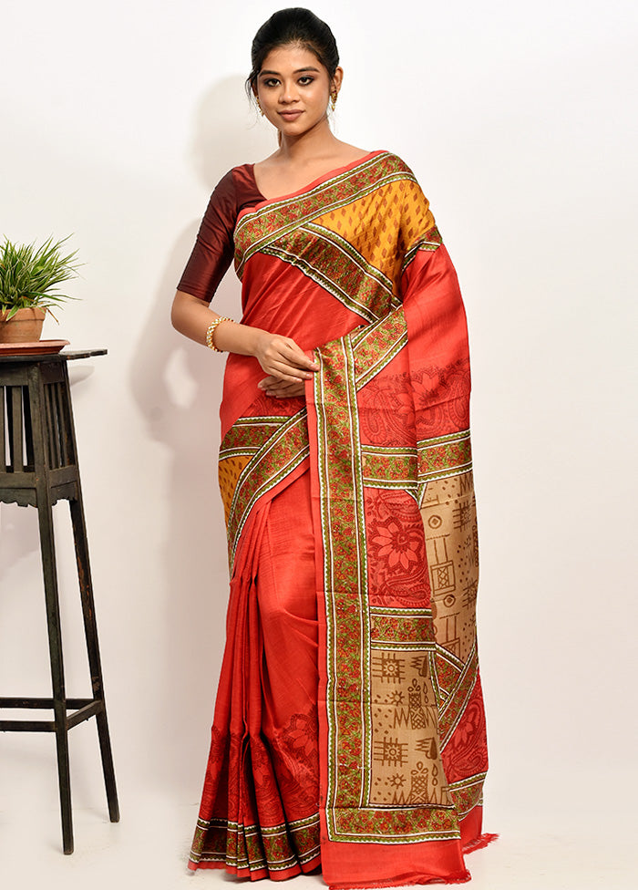 Red Pure Printed Silk Saree With Blouse Piece - Indian Silk House Agencies