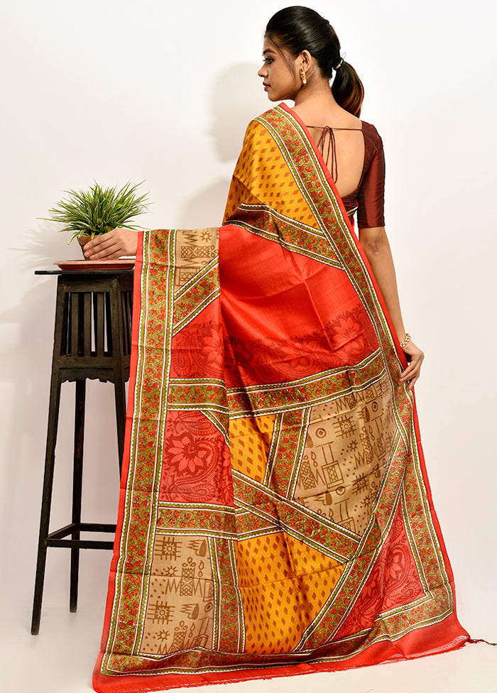 Red Pure Printed Silk Saree With Blouse Piece - Indian Silk House Agencies