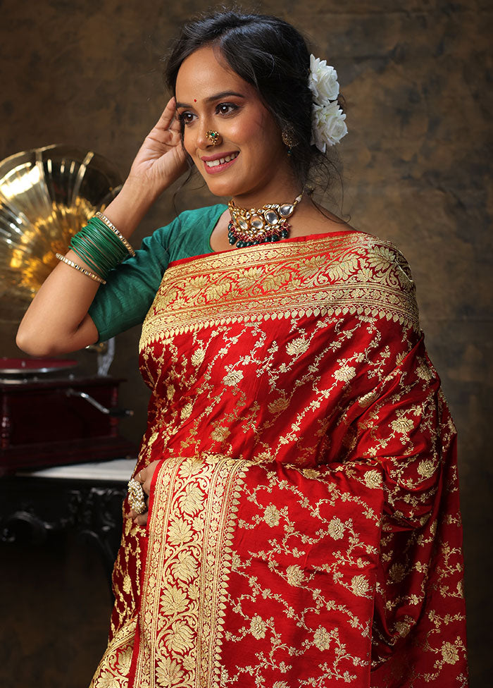 Red Pure Banarasi Silk Saree With Blouse Piece - Indian Silk House Agencies