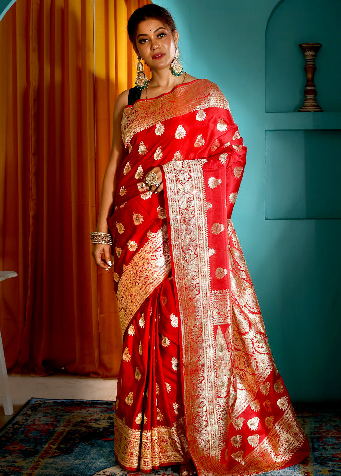 Red Pure Banarasi Silk Saree With Blouse Piece - Indian Silk House Agencies