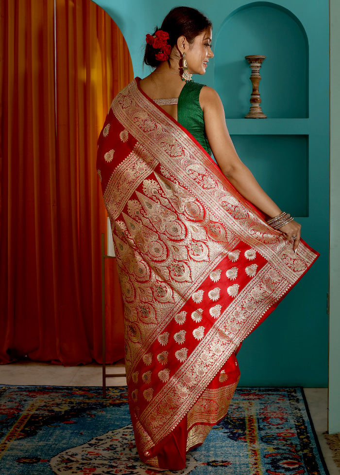 Red Pure Banarasi Silk Saree With Blouse Piece - Indian Silk House Agencies