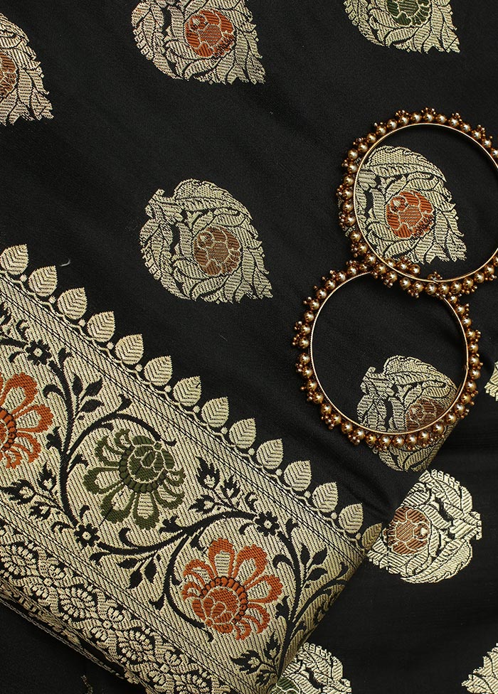 Black Pure Banarasi Silk Saree With Blouse Piece - Indian Silk House Agencies