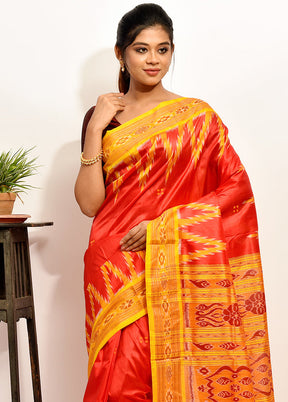 Red Pure Pochampally Silk Saree Without Blouse Piece - Indian Silk House Agencies