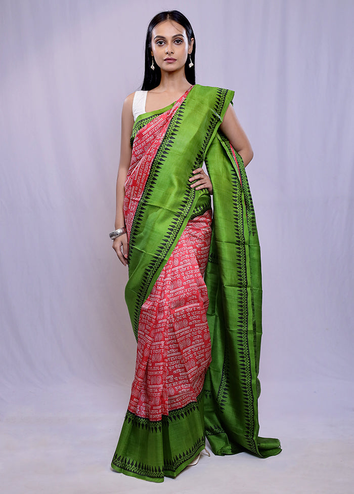 Red Printed Pure Silk Saree With Blouse Piece - Indian Silk House Agencies