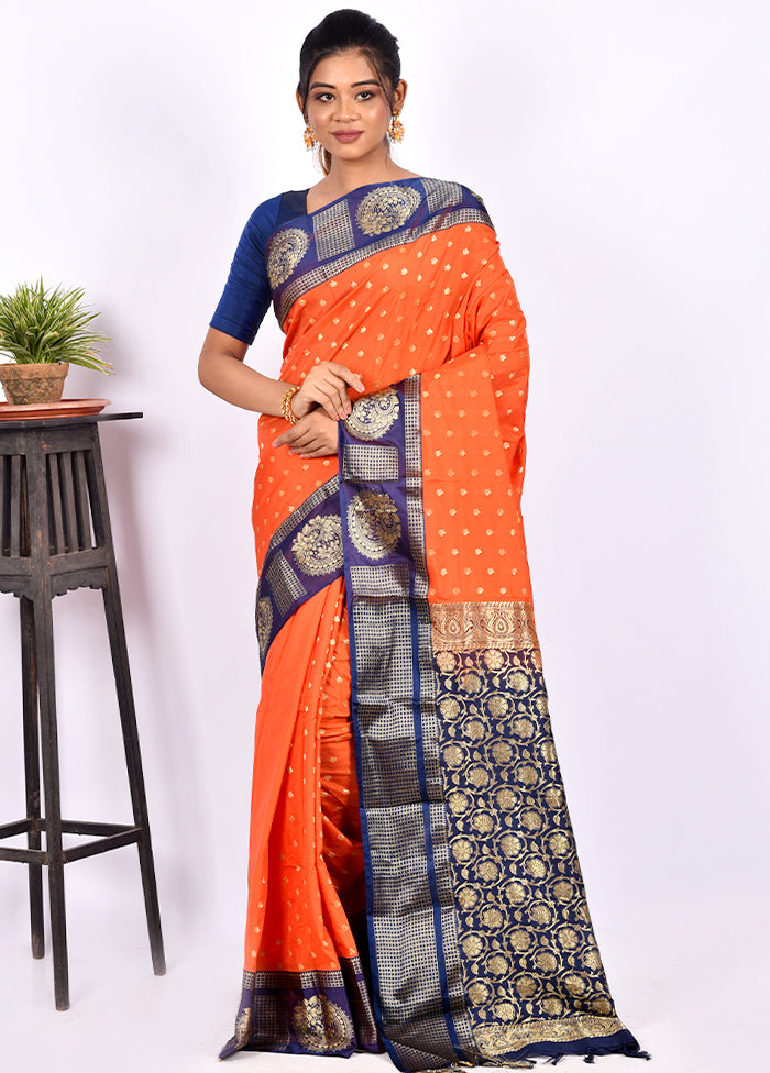 Orange Kanjivaram Silk Saree With Blouse Piece - Indian Silk House Agencies