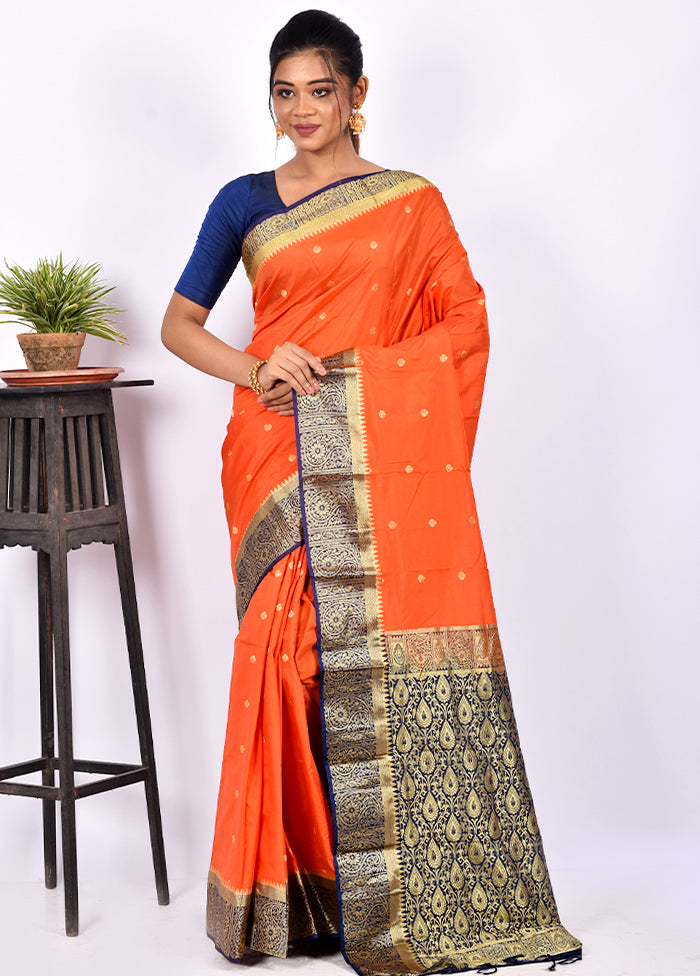 Orange Kanjivaram Silk Saree With Blouse Piece - Indian Silk House Agencies