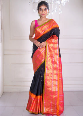 Black Pure Gadwal Silk Saree With Blouse Piece - Indian Silk House Agencies