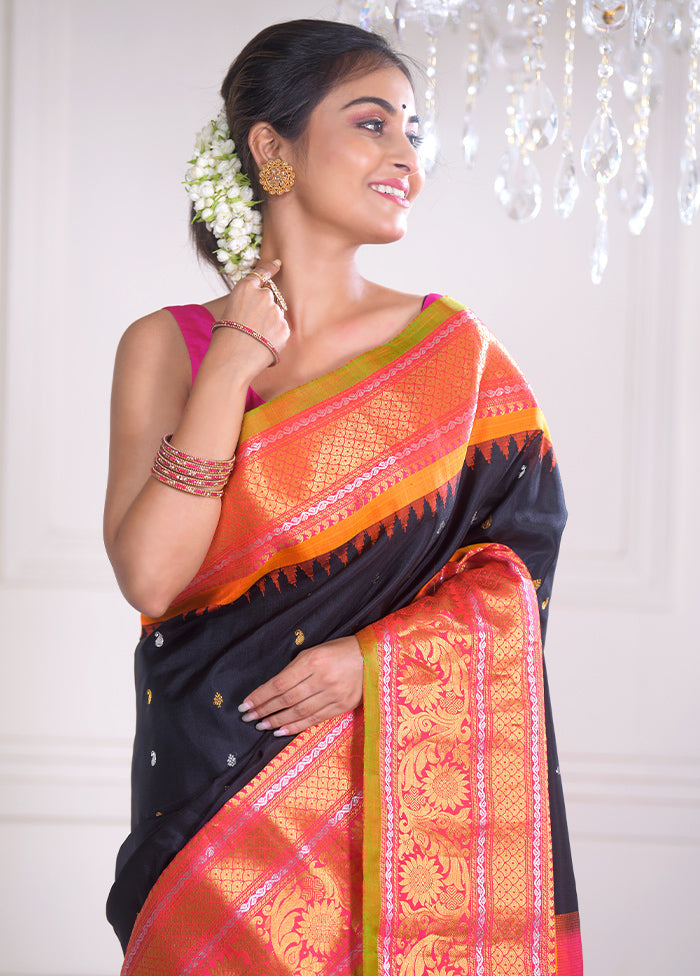 Black Pure Gadwal Silk Saree With Blouse Piece - Indian Silk House Agencies