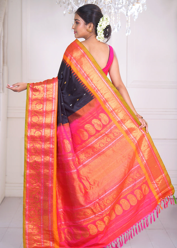 Black Pure Gadwal Silk Saree With Blouse Piece - Indian Silk House Agencies