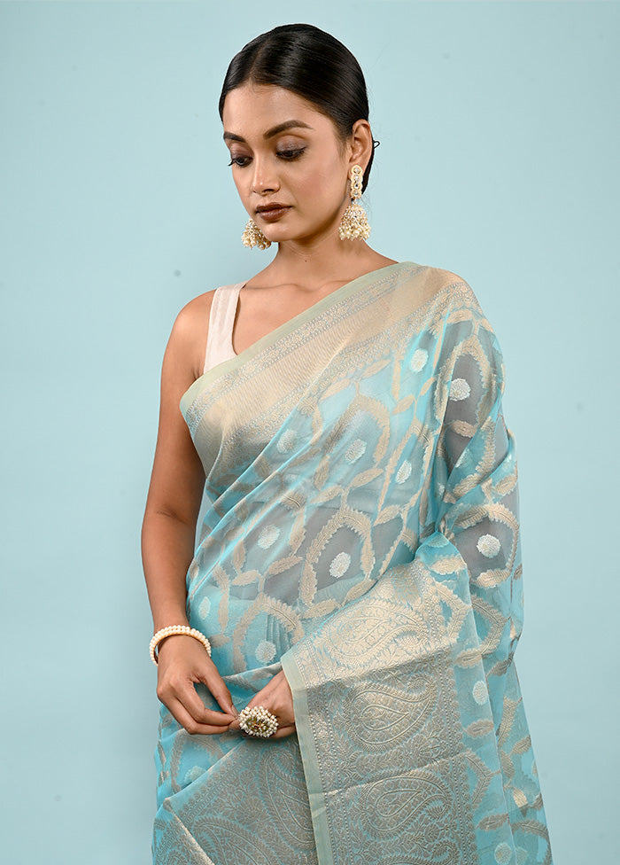 Blue Kora Silk Saree With Blouse Piece - Indian Silk House Agencies