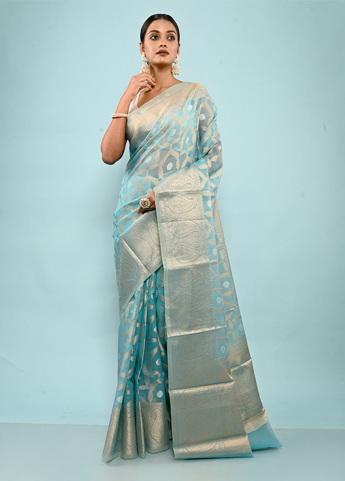 Blue Kora Silk Saree With Blouse Piece - Indian Silk House Agencies