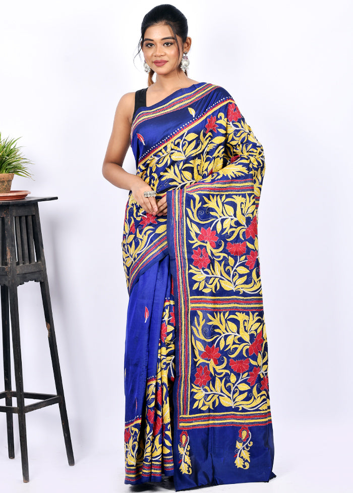 Royal Blue Pure Silk Kantha Stitch Saree With Blouse Piece - Indian Silk House Agencies