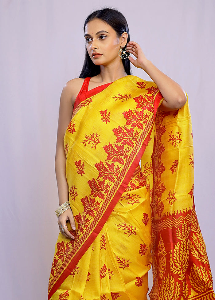 Yellow Printed Silk Saree Without Blouse Piece - Indian Silk House Agencies