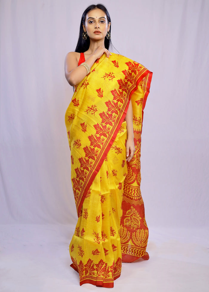 Yellow Printed Silk Saree Without Blouse Piece - Indian Silk House Agencies