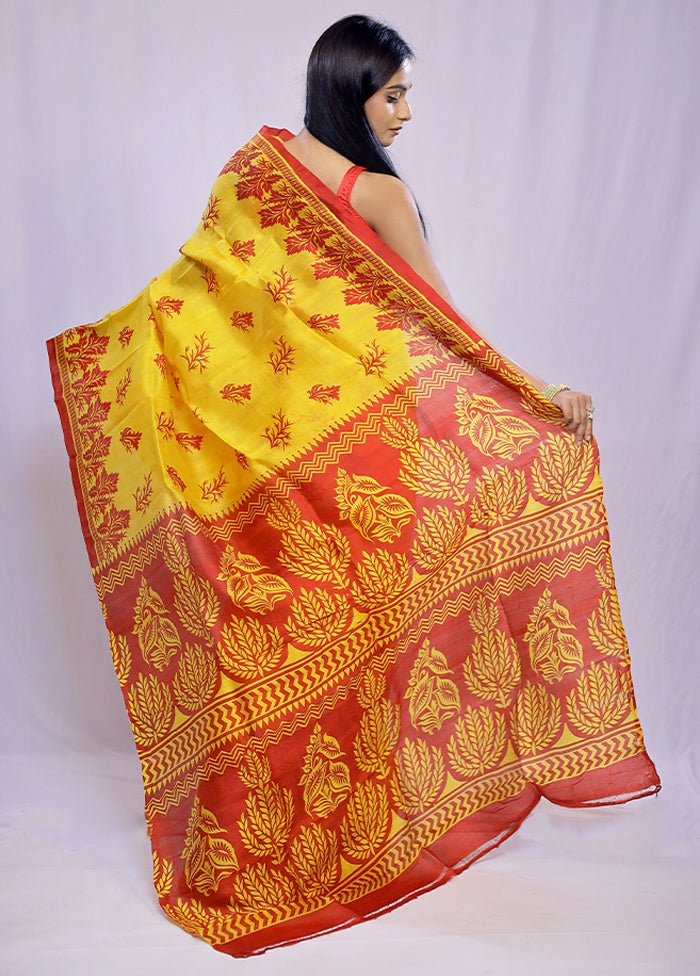 Yellow Printed Silk Saree Without Blouse Piece - Indian Silk House Agencies