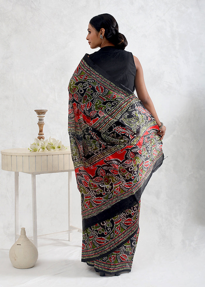 Black Printed Silk Saree Without Blouse Piece - Indian Silk House Agencies