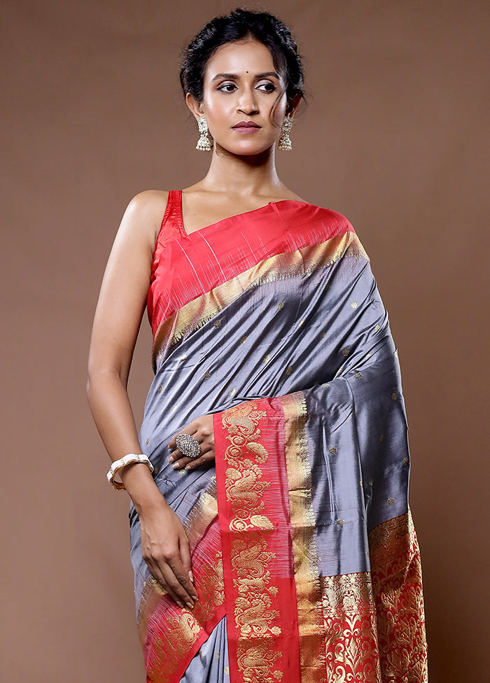 Grey Kanjivaram Pure Silk Saree With Blouse Piece - Indian Silk House Agencies