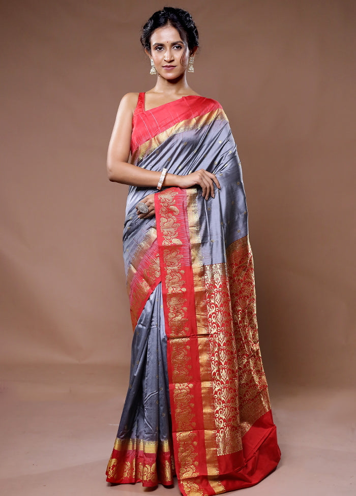 Grey Kanjivaram Pure Silk Saree With Blouse Piece - Indian Silk House Agencies