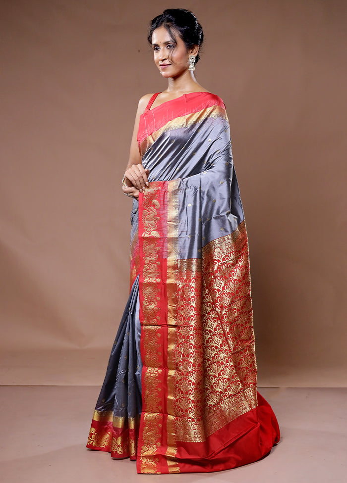 Grey Kanjivaram Pure Silk Saree With Blouse Piece - Indian Silk House Agencies