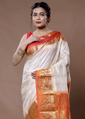 White Kanjivaram Pure Silk Saree With Blouse Piece - Indian Silk House Agencies