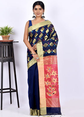 Navy Blue Matka Silk Saree With Blouse Piece - Indian Silk House Agencies