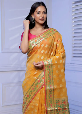 Yellow Kora Silk Saree With Blouse Piece