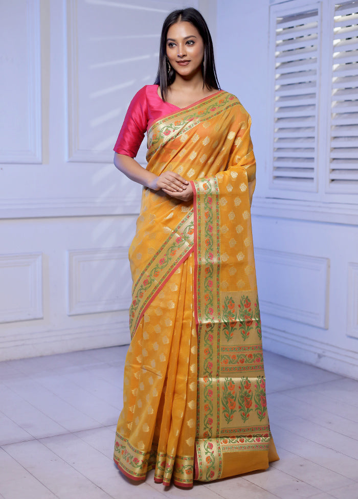 Yellow Kora Silk Saree With Blouse Piece