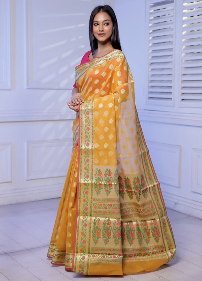 Yellow Kora Silk Saree With Blouse Piece