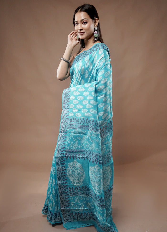 Blue Printed Pure Silk Saree With Blouse Piece - Indian Silk House Agencies