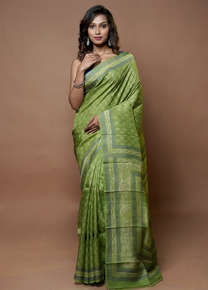 Green Printed Pure Silk Saree Without Blouse Piece