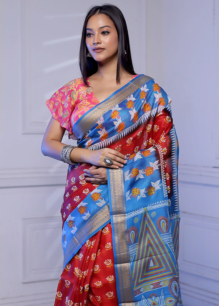 Red Printed Silk Saree With Blouse Piece