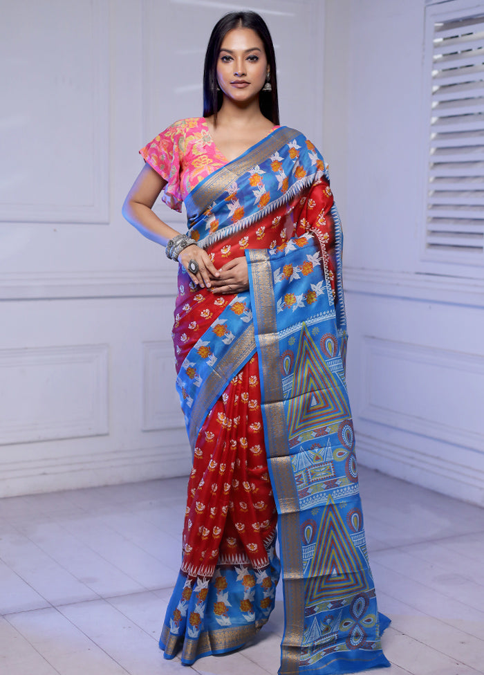 Red Printed Silk Saree Without Blouse Piece