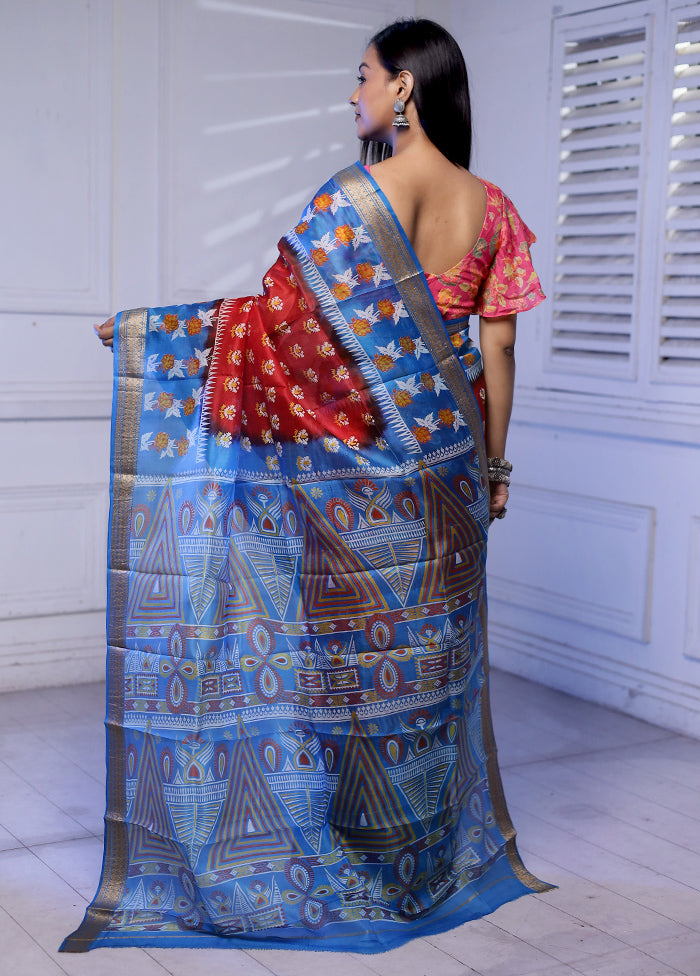 Red Printed Silk Saree Without Blouse Piece