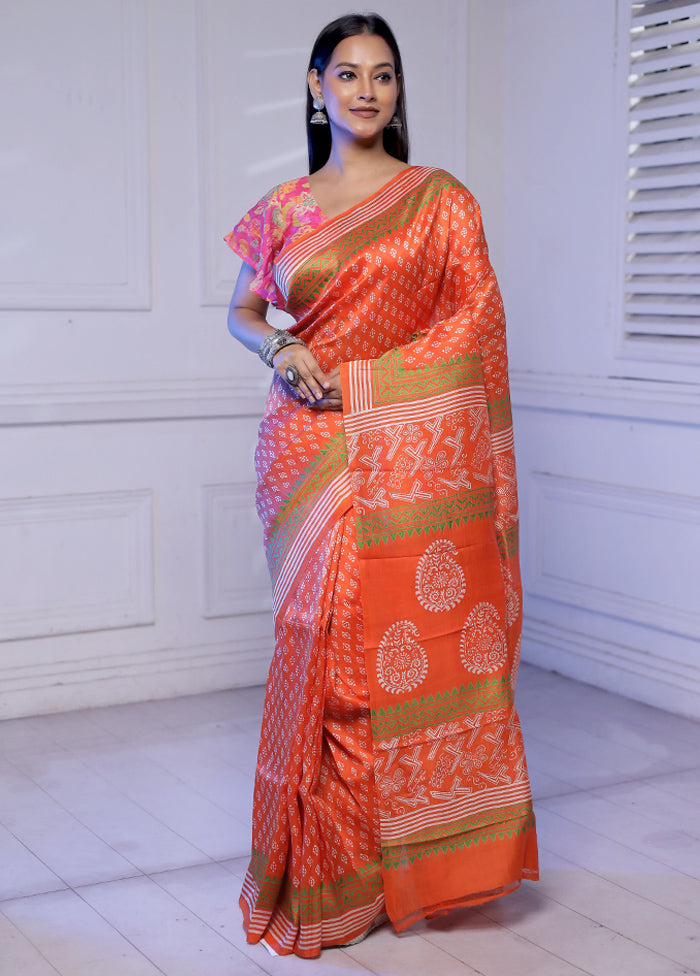 Rust Printed Pure Silk Saree With Blouse Piece