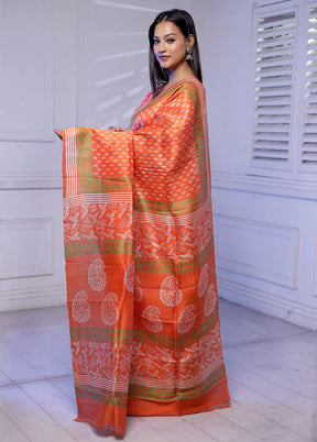 Rust Printed Pure Silk Saree With Blouse Piece