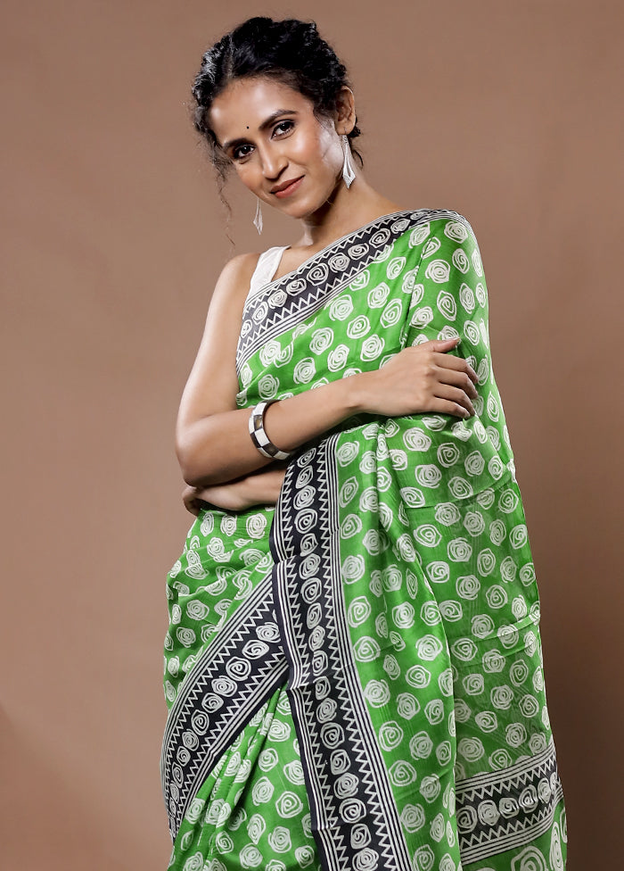 Green Printed Pure Silk Saree With Blouse Piece - Indian Silk House Agencies